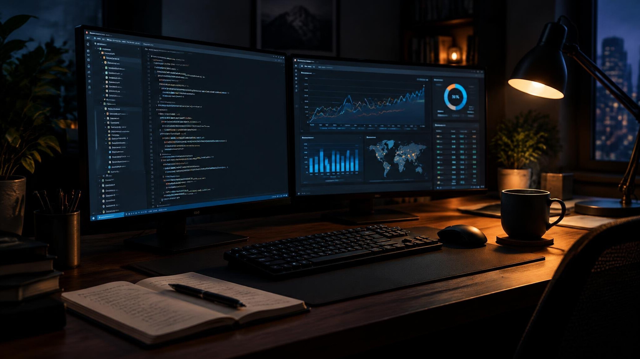 Dark desk with monitors showing code and charts in a moody workspace