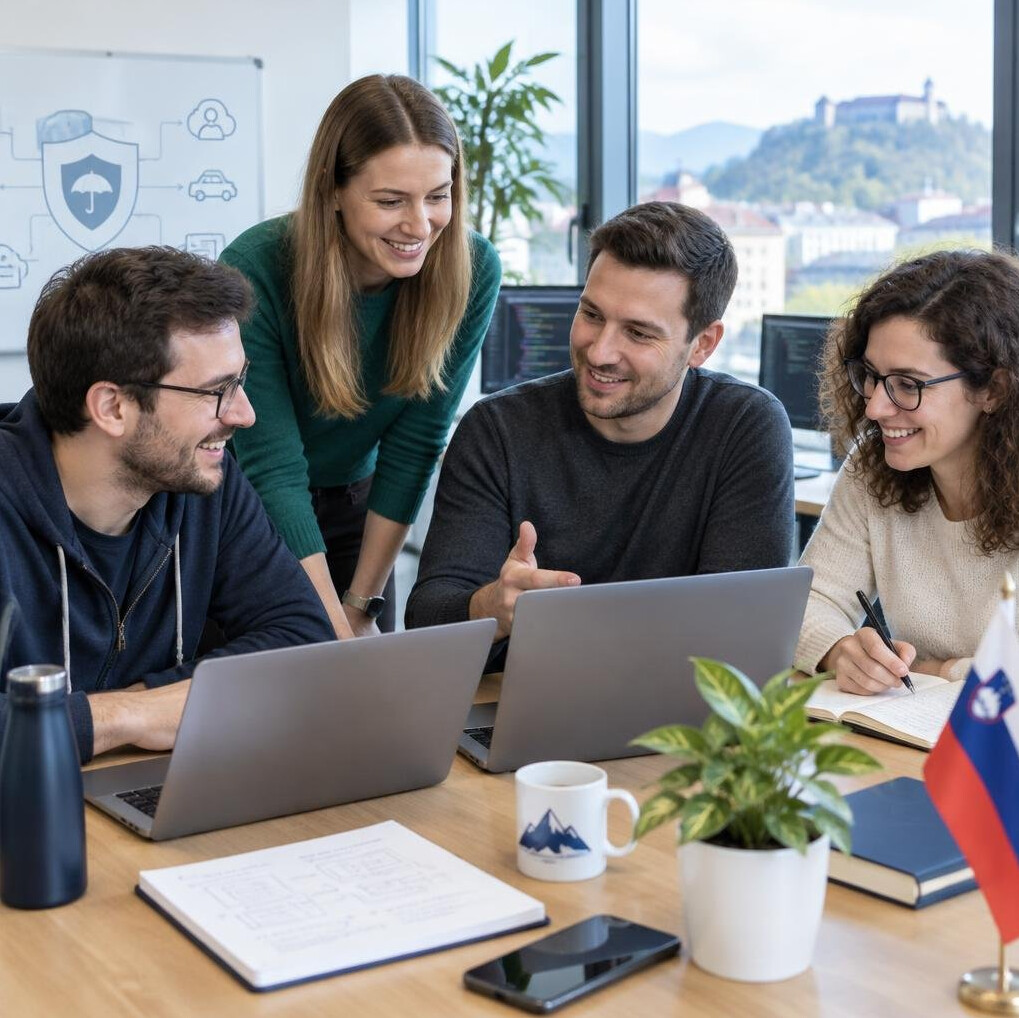Group of Slovenian software developers collaborating around a table in a bright office